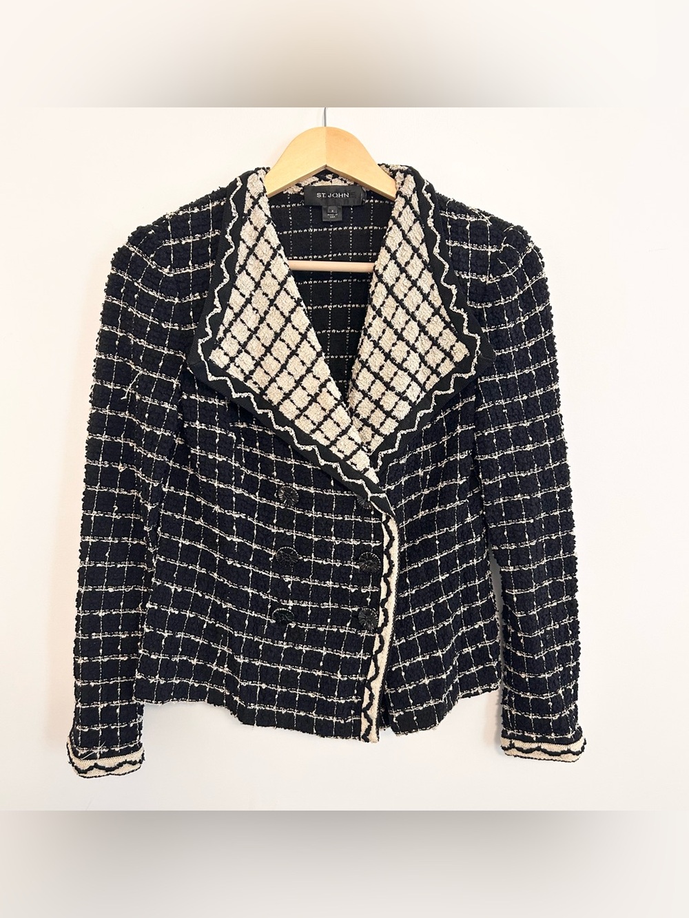 St. John Black & White Knitted Tweed Double Breasted Jacket Size 4